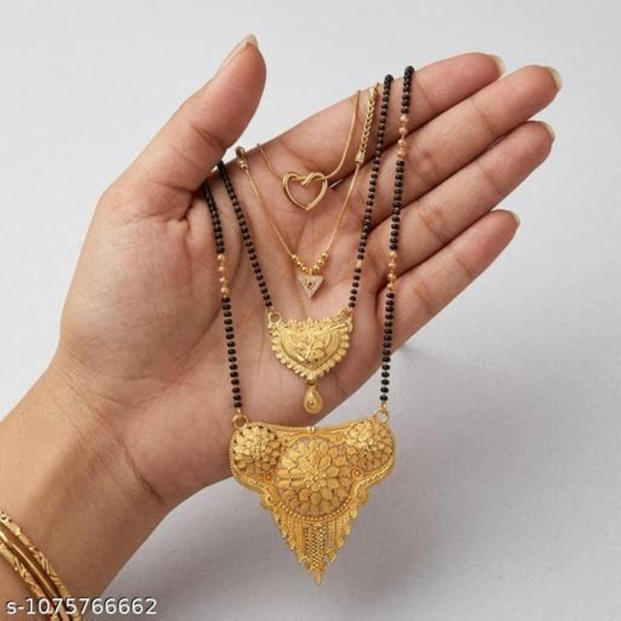 4pc Gold Plated Mangalsutra Necklace Set with Black Bead Chains