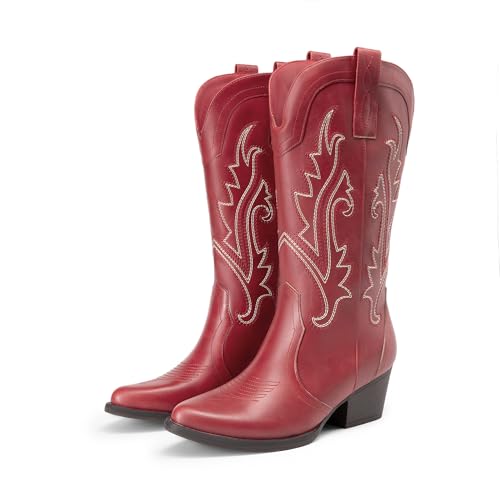 Image of DREAM PAIRS Women's Cowboy Cowgirl Western Boots | Embroidered Pointed Toe Low Heel Western Mid Calf Boots for Theme Party Country Concert