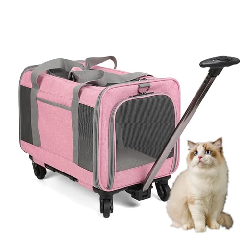 キャットドッグキャリア キャリー付き 伸縮ハンドルとアップグレードされたキャリー付き 犬用旅行キャリア 小型犬用 取り外し可能なベース付き プレミアムペットキャリア,ピンク