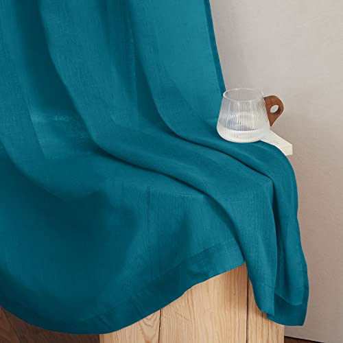 NICETOWN Semi Sheer Curtains Flax Linen Texture, (Peacock Green) Grommet Retro Linen Weave Window Drapes Privacy with Light Filtering for Living Room, 2 Panels, W52 x L96