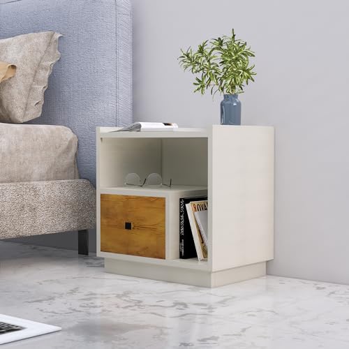 Image of Bniture Bed Side Table for Bedroom 1-Drawer, Bookcase Nightstand Side End Table for Bedside Table, Small Side Table, Side Table for Bedroom, with Metal Legs (Frosty White & Giant Wood)