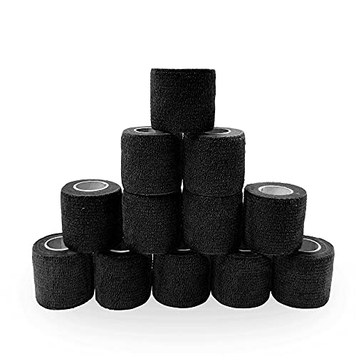 Black Self Adhesive Bandage Tape 5cm x 4.5m, Cohesive Bandages Wrap, Vet Wrap Sports Bandage Ideal for Sports, First Aid, Knee, Ankle and Wrist (Black, 12 Rolls)