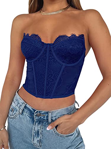 REORIA Lace Mesh Strapless Boned Corset Top #TOP29