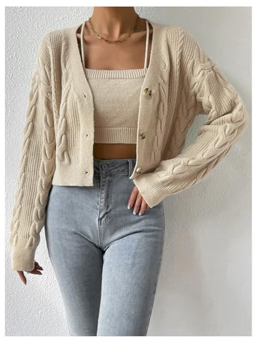 Image of MakeMeChic Women's Two Piece Outfit Cable Knit Cropped Cardigan Sweater and Cami Crop Top Set Apricot Medium
