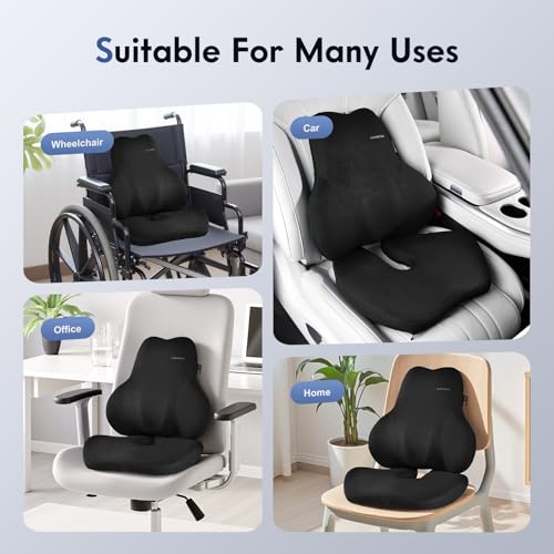 Image of Coverado Memory Foam Car Seat Cushion and Lumbar Support Pillow for Car, Ergonomic Office Chair Cushion for Lower Back Pain Relief, Breathable & Non-Slip for Car, Home, and Office Use, Black