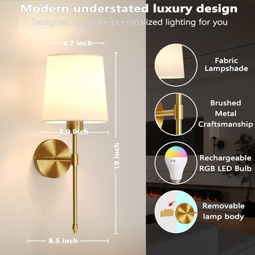 Image of Ouyulong Battery Operated Wall Sconces Set of 2, Wireless Rechargeable Dimmable Wall Light with 5600mAh RGB Bulb and Remote for Bedroom, Living Room, Hallway, Gold, 19in
