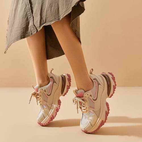 Image of BEAU TODAY Chunky Sneakers for Women, Womens Fashion Sneakers, Lightweight Leather Sneakers for Women, Comfortable Casual Lace-Up Breathable Dad Shoes