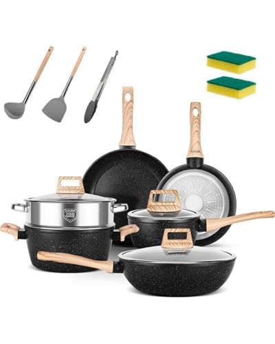 Lista de Bateria Flavor Stone Precio , tabla con los diez mejores. 48 Sartenes Antiadherentes, Juego de 14 Ollas y Sartenes, Bateria de Cocina, Utensilios de Cocina de Inducción de Granito con Sartenes, Cacerolas, Sartén, Espátula(Negro)