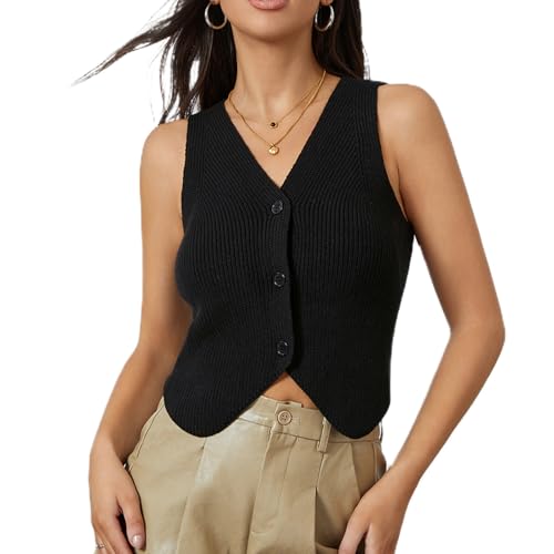 Women Knit Vest Top Y2k V Neck Sleeveless Button Up Crochet Going Out Tops Fashion Streetwear