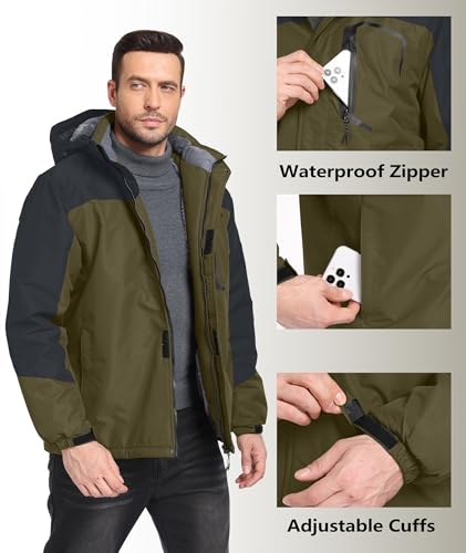 Image of Mens Winter Jackets Waterproof Warm Fleece Ski Jacket with Hood Thermal Windproof Coat Zip Pockets
