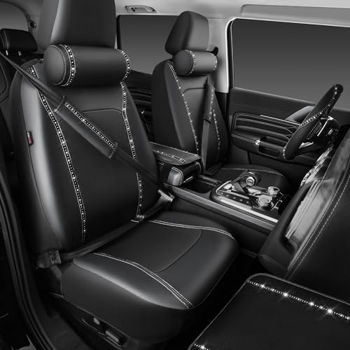 CAR PASS 14 PCS Bling Diamond Car Accessories Set for Women, Leather Seat Covers Front Seats Sparkly Rhinestone 15'' Steering Wheel Covers Shining Diamond Car Floor Mats Cute Interior Sets, Silver