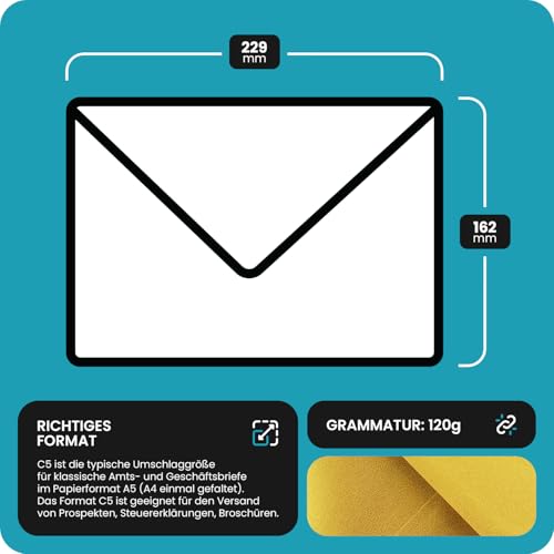 Netuno 25 Briefumschläge Perlmutt-Gold DIN C5 162x 229 mm 120g Aster Metallic Cherish goldene Briefumschläge elegant groß metallisch-glänzend Briefhüllen gold für Einladungen Gruß-Karten