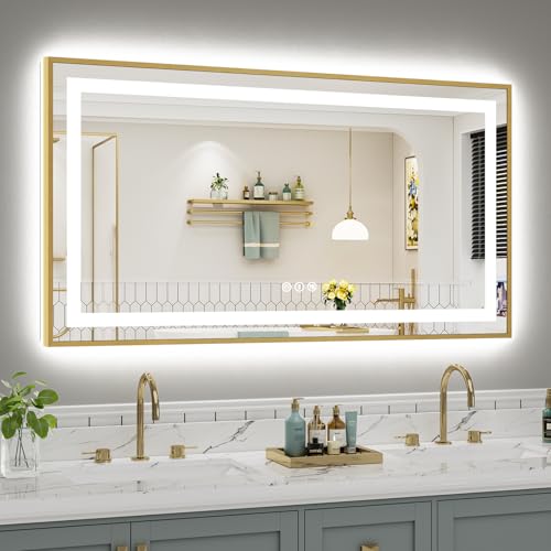 Image of 55x30 Inch LED Bathroom Mirror with Gold Frame, Backlit & Front Lit, Anti-Fog Lighted Bathroom Vanity Mirror for Wall, Memory Function, Dimmable, HD Tempered Glass, Shatter-Proof