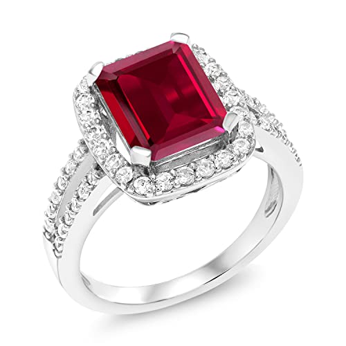 Gem Stone King 4.42 Cttw 925 Sterling Silver Red Created Ruby Ring | Engagement Ring For Women | Emerald Cut 10X8MM | Available In Size 5, 6, 7, 8, 93