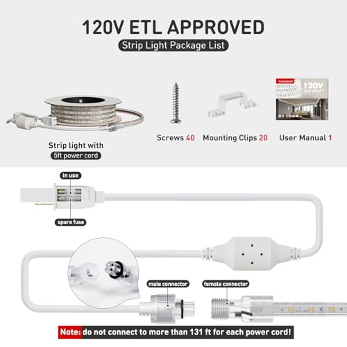 Image of Shine Decor LED Strip Light Easy Connectable, 2800K Warm White Cold Resist Weatherproof Plug-in for Indoor Outdoor, 101 LM /FT Dimmable Bright Eco Rope Lighting 32FT, 120V Whole Set ETL Listed