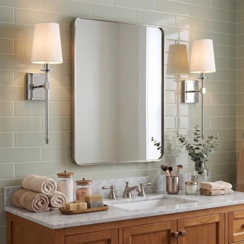 Image of Kira Home Torche 20 inch Mid Century Modern Wall Sconce for Bathroom Vanity | Tapered White Linen Shade, Chrome Candle Wall Light with Elongated Tail, Chrome Finish