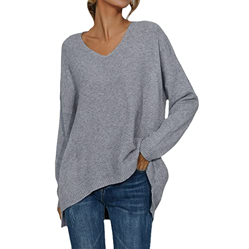 Ghemdilmn Mujer Otoño e Invierno Color sólido Cuello en V Dobladillo Irregular Suéter de Punto Sexy Vintage Ropa de Mujer Manga Larga Sudadera, gris, S Cover