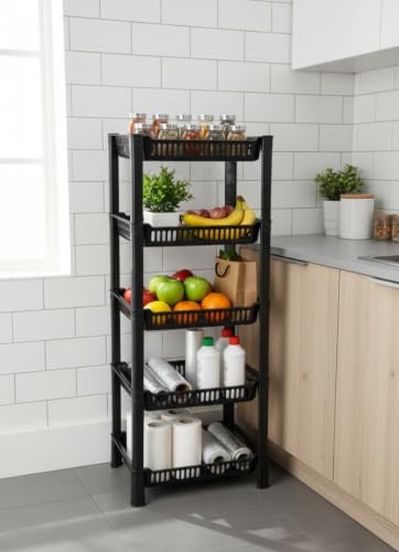 Image of U-Max Multi Tire Kitchen Storage Rack, Plastic Utility Shelf Organiser, Space Saving Storage Solution, Revolving Vegetable Rack (Black, 5)