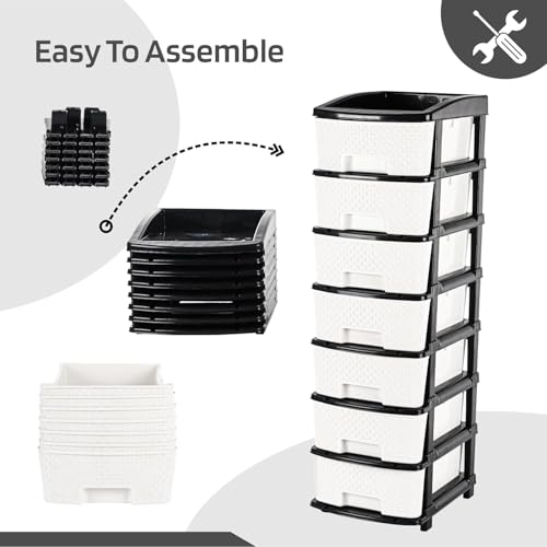 Image of KITCHIVO Plastic Modular Drawer Storage Chest Of Drawers Organizer Storage Box, Large Stomo Racks For Multipurpose Anti-slip Shoes Organizers (White & Black, 7 Layer)