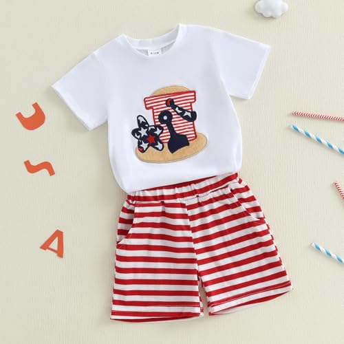 Image of 4th Of July Toddler Boy Outfit Popsicle American Flag T-Shirt and Gingham Plaid Shorts Set Independence Day Clothes