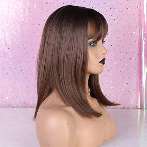Perruque bob avec frange cheveux raides et lacet frontal synthétique femme