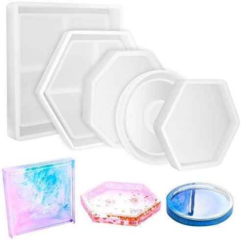 Hicdaw 5PCS DIY Coaster Silicone Mold Resin Molds for Casting Square Hexagon Circle Octagon Molds Resin Kit, Concrete, Cement, Home Decoration (5PCS)