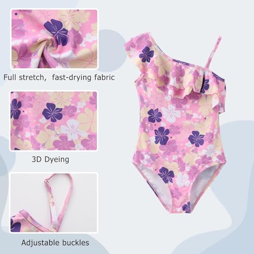 Image of Girls One Piece Swimsuits One Shoulder Ruffle Bathing Suit Kids Hawaiian Floral Swimwear 3-16 Years