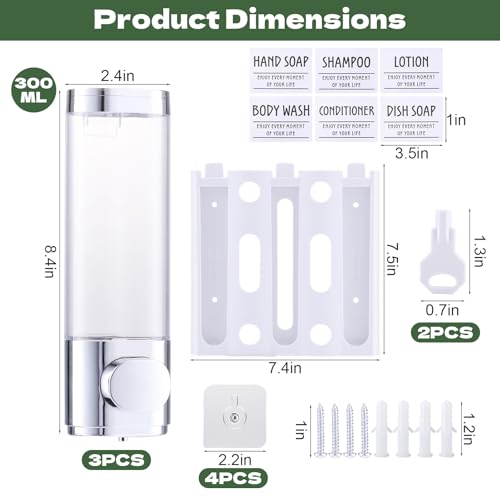 Image of Shower Dispenser 3 Chamber No Drill Shower Soap Dispenser Wall Mounted with Labels Shower Dispenser No Drill for Bathroom Hotel Kitchen, 8.4x2.5 Inch, Silver