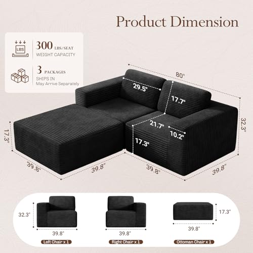 Image of Vesgantti 80 inch Modular Sectional Sofa, Corduroy Cloud Couch with Deep Seats & Spring Support, Compact 2 Seater Boneless Couch, L-Shaped Modular Sofa for Small Spaces, Apartments, No Assembly, Black