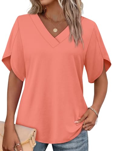Image of WIHOLL Womens Summer Tops Short Petal Sleeve Shirts Fashion V Neck Womens Clothing