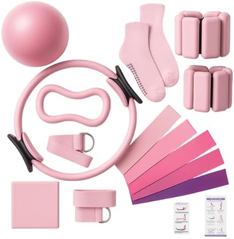 Pilates Ring Set 14 PCS Circle Yoga Ring, Pilates Ball, Adjustable Ankle and Wrist Weights, Resistance Bands, Grip Socks, Instruction Mauel Guides, Yoga, Women Home Workouts Essentials Starter Set