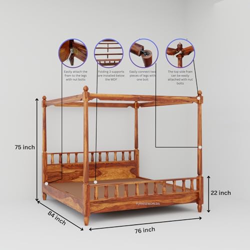 Image of Solid Wood Sheesham Bed King Size Poster Bed Wooden Double Bed Cot Bed Furniture for Bedroom Home and Hotel (Honey Finish, King) 1 Year Warrenty