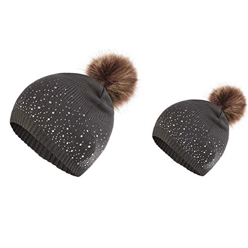 DCUTERQ 2PCS Parent-Child Hat Winter Warm Crochet Knit Family Mother & Baby Beanie Ski Cap with Pom Pom