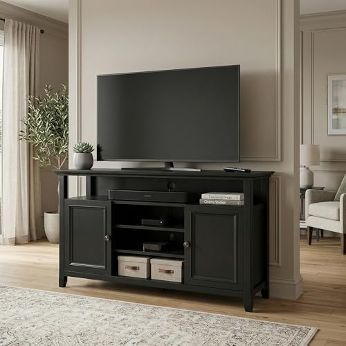 Image of SIMPLIHOME Amherst 54 inch Wide Solid Wood TV Stand in Black