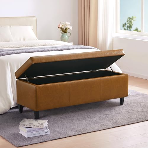 Image of HUIMO Faux Leather Storage Ottoman Bench 50.3 Inch Extra Long PU Upholstered Bedroom Bench with Large Storage Space for The Living Room, Entryway, Bedroom Hold Up to 300lbs (Light Brown)