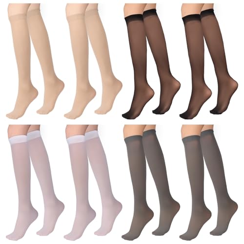 Mozeat Lens 8 Pairs Sheer Knee High Stockings for Women, Lady's Nylon Lace Trouser Socks Women's Knee High Socks Dress Socks Black, White, Grey, Skin Color