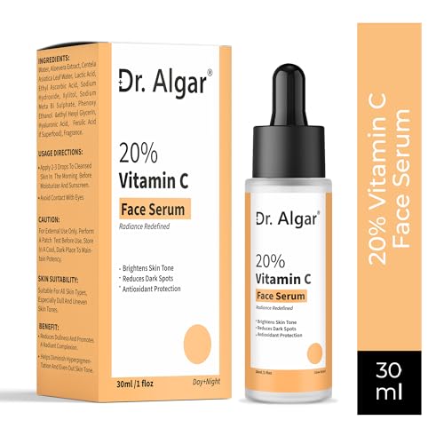Image of Dr. Algar 20% Vitamin C Face Serum for Skin Brightening & Radiance | Helps Reduce Pigmentation, Dark Spots & Uneven Skin Tone | Lightweight Formula for All Skin Types