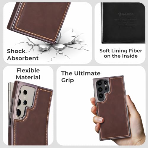 Image of PULOKA Chrome Leather Back Case - Compatible with Samsung Galaxy S25 Ultra - Luxury Bumper Case - Flexible Vegan Leather - Electroplated Sides - Full Camera Protection & Raised Edges - Brown