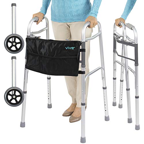Vive Folding Walker (Plus Bag and 2 Wheels) - Front Wheeled Support, Narrow
