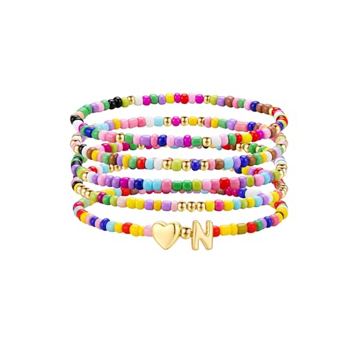 Image of M MOOHAM Gifts for Girls Kids - 5PCS Colorful Beaded Initial Bracelets for Girls, Cute Stretch Heart Letter Bracelet Initial Bracelet Jewelry for Kids Birthday Gifts for Girl