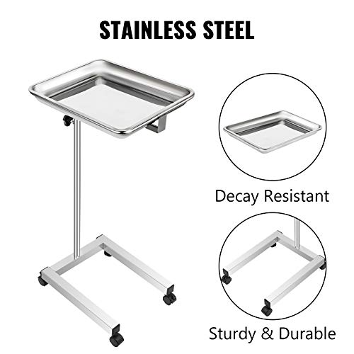 Image of VEVOR Mayo Stand 18 x 14 inch Medical Tray, Height Adjustable 32-51 inch, Stainless Steel Lab Cart with Removable Tray & 4 Swivel Wheels, Metal Instrument Procedure Tray for Home Equipment, Dental
