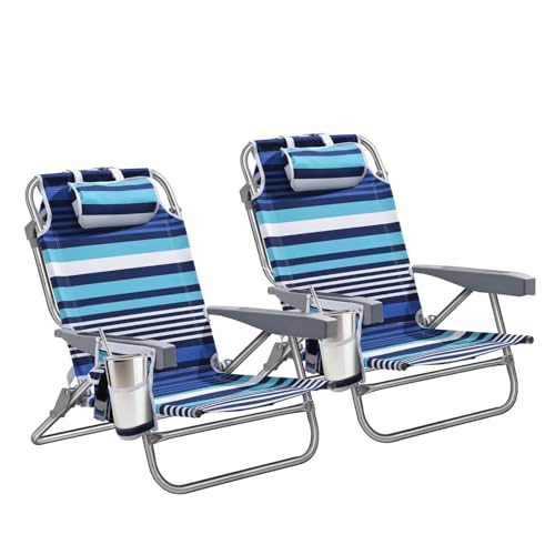 5-Position Aluminum Lay Flat Backpack Beach Chair 2 Pack, Compact Portable Low Beach Chairs for Adults, Beach Chair with Cooler Pouch, Storage Pouch, Towel Bar, Cup Holder, Blue Stripe