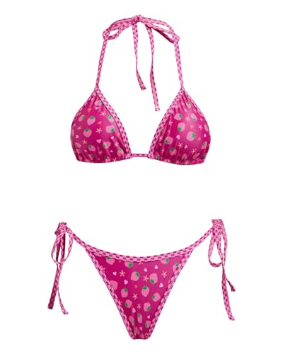 Image of Women's Triangle Bikini Set String Swimsuit Print Tie Smocked Ruched Two Piece Bathing Suit