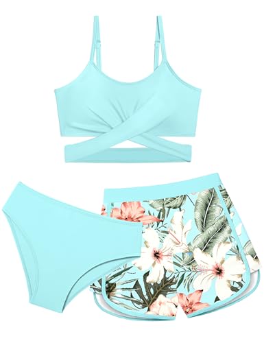 Image of Girls Swimsuit 3 Piece Bathing Suit Criss Cross Bikini Set Girls' Swimwear with Shorts 7-16T