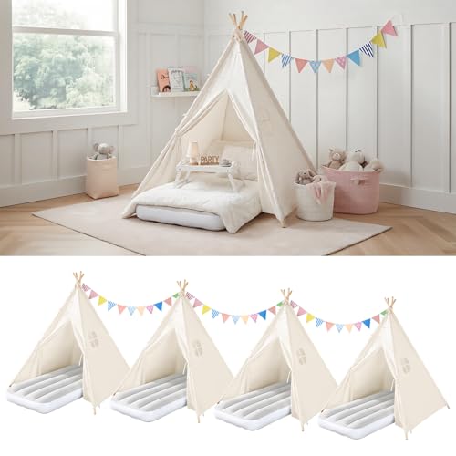 Wilhunter 4 Pack Teepee Tent for Kids with Inflatable Airbed, Light, Indoor Toddler Sleepover Tents Children Room Tents for Slumber Party, Outdoor Kids Play Tent Play House for Girls & Boys