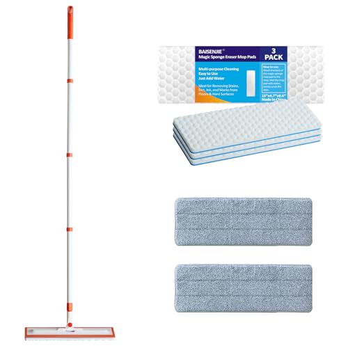 Magic Sponge Eraser Mop 56 Handle with Flexible 15 Flat Head 2 Microfiber Pad and 3 Magic Sponge Eraser Pads (Mop Set 15 Mop-Head)
