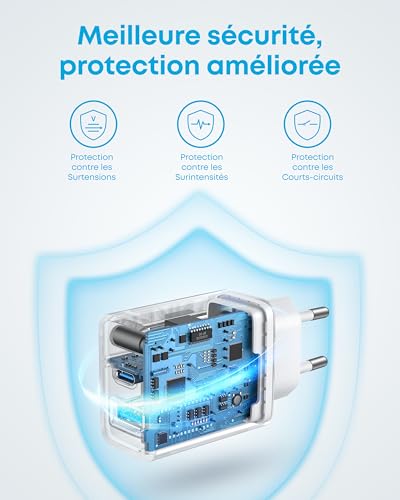 Anker Chargeur iPhone USB C 20 W, Chargeur iPad, Recharge Rapide, Compatible avec iPhone 17/16/15 iPad et Autres (câble USB C 150 cm Inclus)