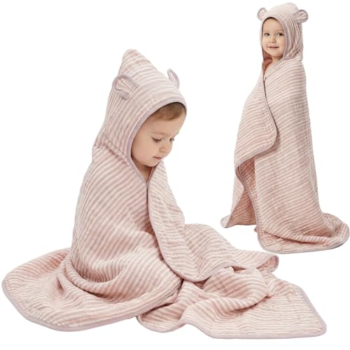Image of Ultra-Soft Muslin Toddler Hooded Towel - 55 x 28 Inches, Made with Organic Cotton, Gender-Neutral Dusty Pink Striped Jacquard Pattern, Ideal for Bath & Beach, Newborn to Toddler
