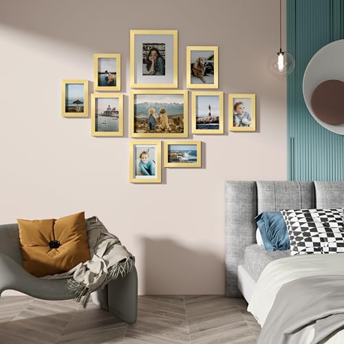Image of Vittanly Picture Frames Set of 10, Picture Frames Collage Wall Decor with Two 8x10, Four 5x7, and Four 4x6 Photo Frames, Gallery Wall Frame Set for Wall or Tabletop Display, Gold