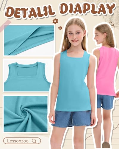 Image of 3 Pack Girls Square Neck Tank Tops | Basic, Sleeveless T-Shirts, Casual Summer Tanks, Kids Undershirts, School, Size 5-14 Years, Comfy, Elasticity